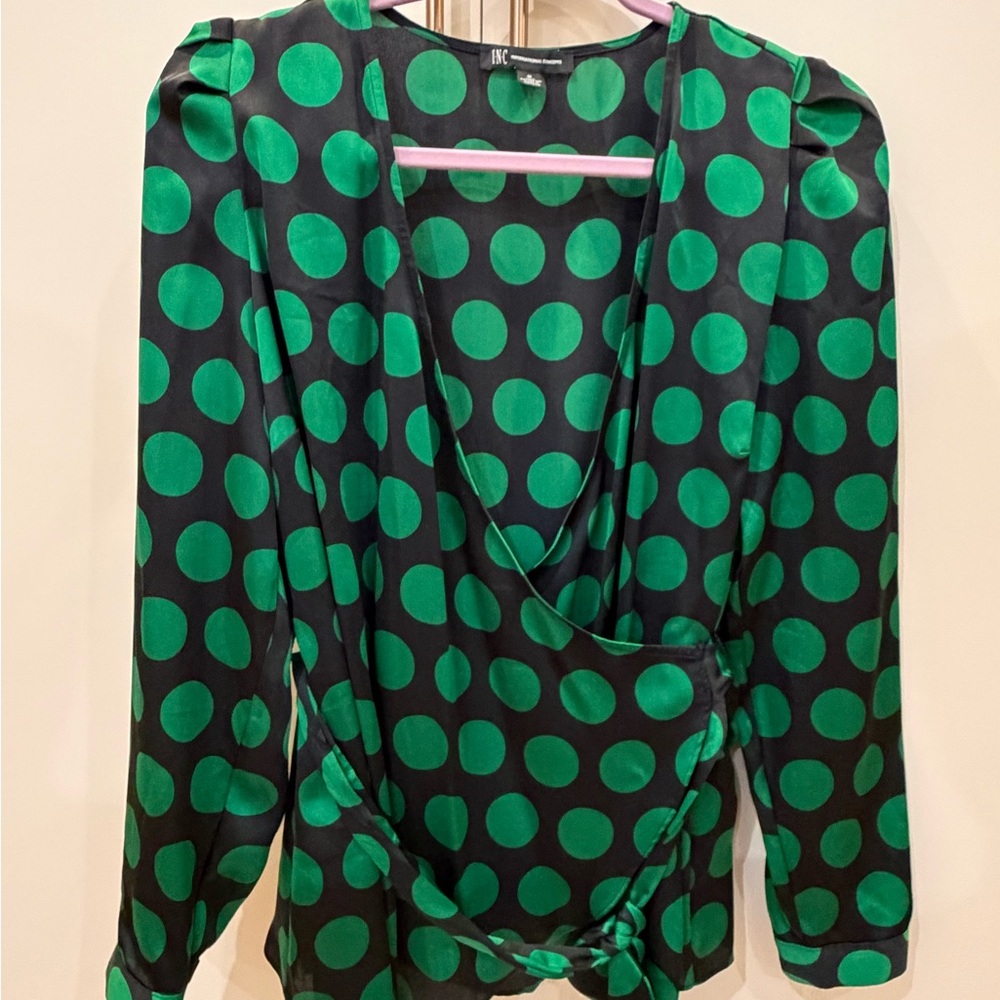 INC International Concepts Emerald and Black Polka Dot Blouse